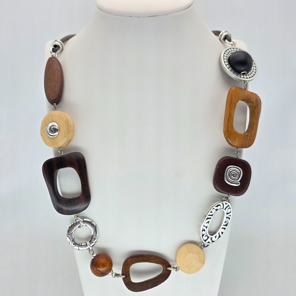 BRIGHTON "Silverwood" Necklace Wood & Silver Plate Beeds‎ Double Strand Cord 30"